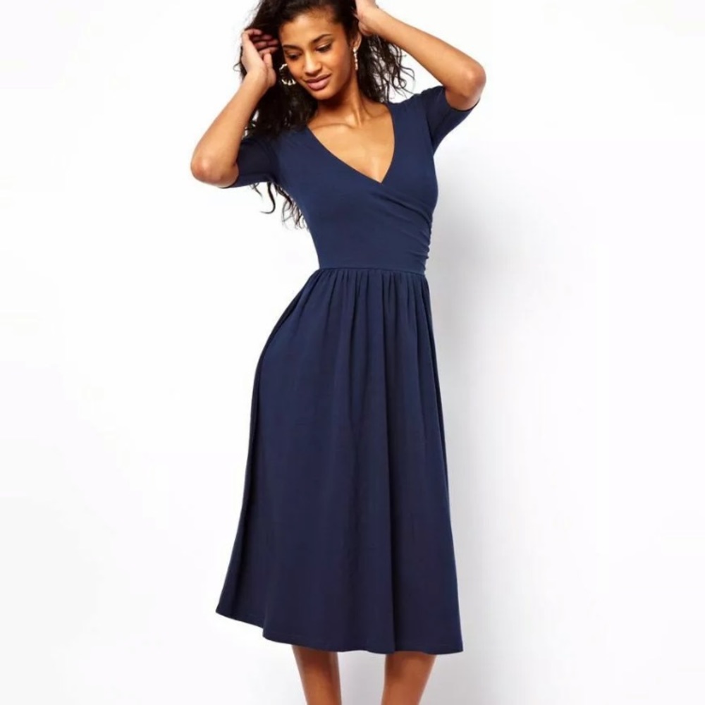 ASOS ballet wrap midi / knee length dress blue XS